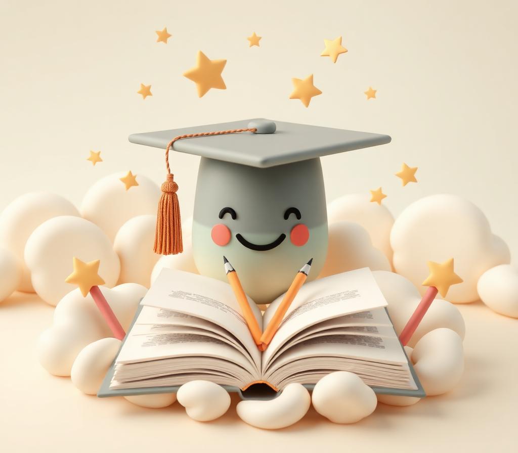 Friendly graduation cap, open book and learning icons in pastel colors
